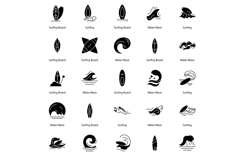 Surfování Glyph Icon Bundle Surf ikony Set
