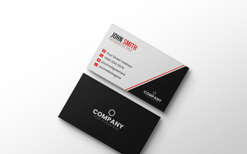 Diseño de tarjeta de visita moderno y sencillo con color negro y rojo.