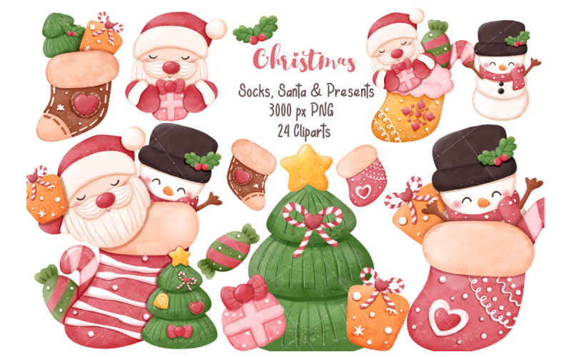 Collezione di calze di Natale, Babbo Natale e regali