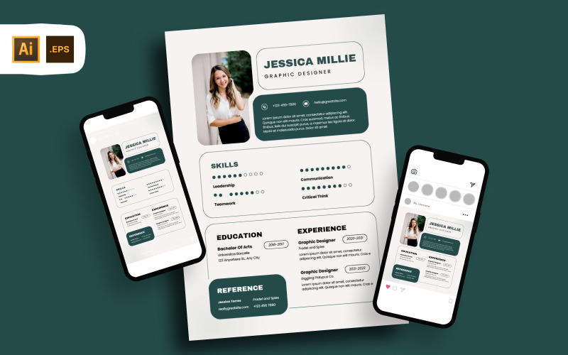 Modello di set di CV per curriculum di graphic designer bianco verde