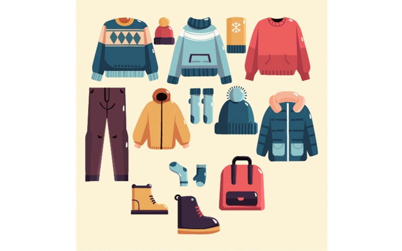 Colección de elementos esenciales de ropa de invierno plana dibujada a mano