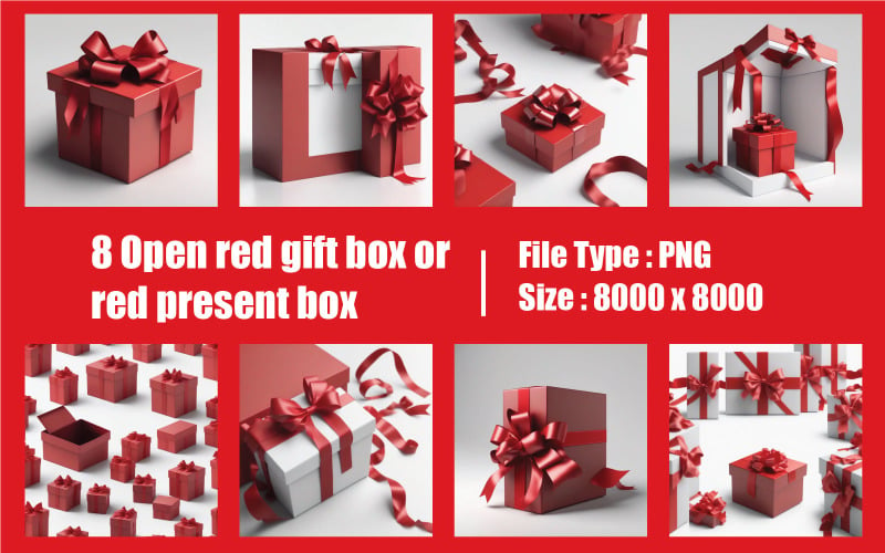 8 套打开红色礼品盒或红色礼品盒，带红丝带和白色背景隔离的蝴蝶结