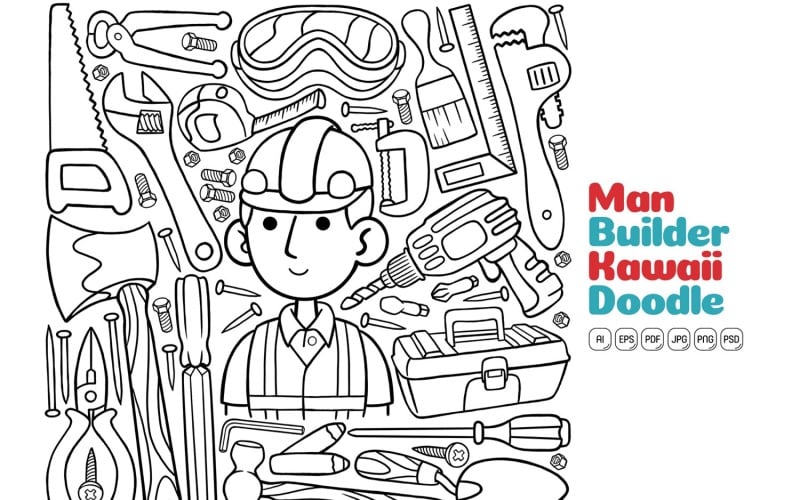Людина будівельник Kawaii Doodle Векторні ілюстрації штрихові об'єкти