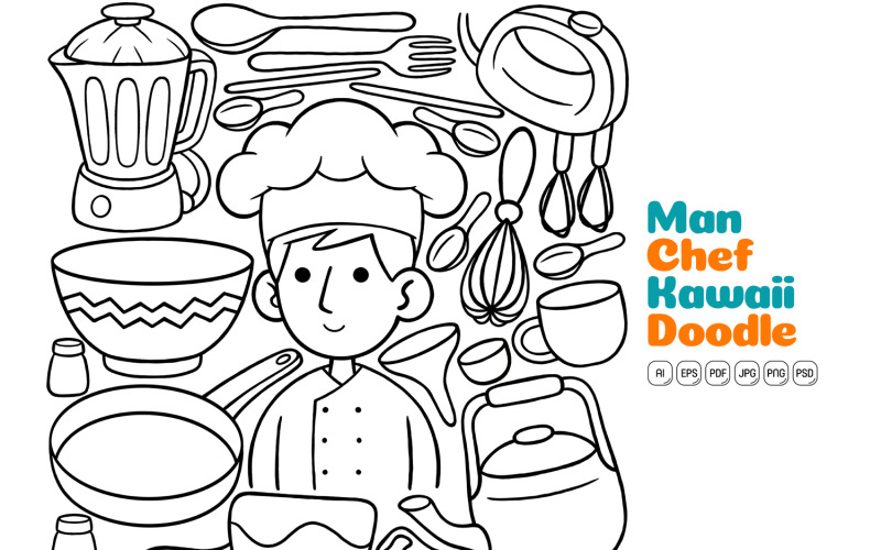 Homem Chef Kawaii Doodle Ilustração Vetorial Arte Linha