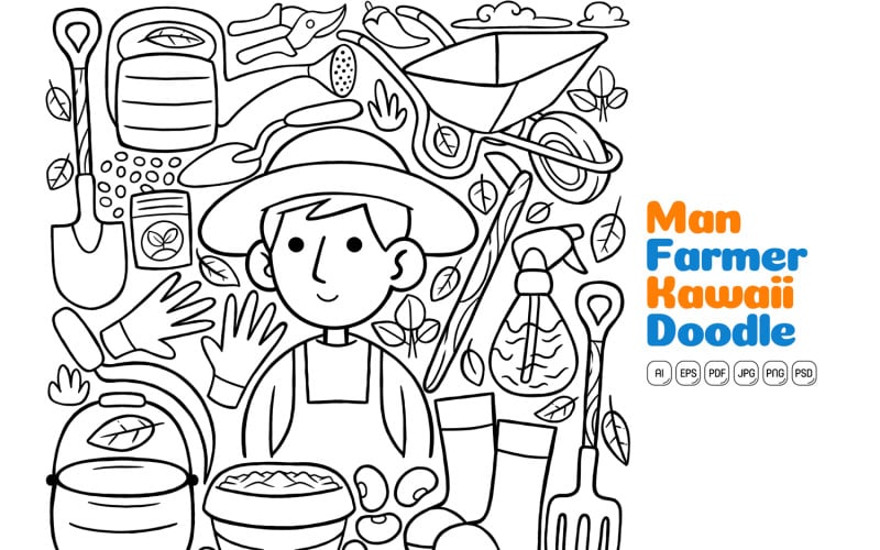 Homem Agricultor Kawaii Doodle Ilustração Vetorial Arte Linha