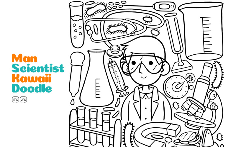 Adam Bilim Adamı Kawaii Doodle Vektör Çizim Hat Sanatı