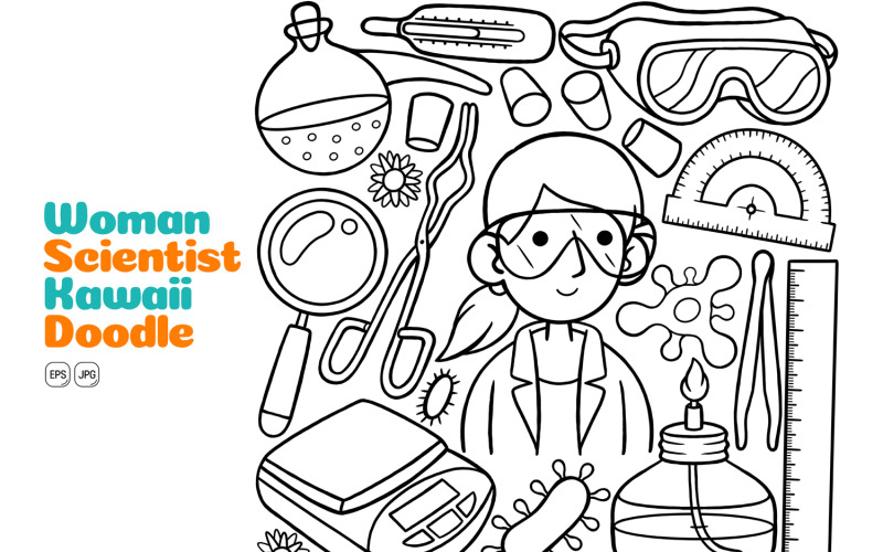 Kadın Bilim Adamı Kawaii Doodle Vektör Çizim Hat Sanatı