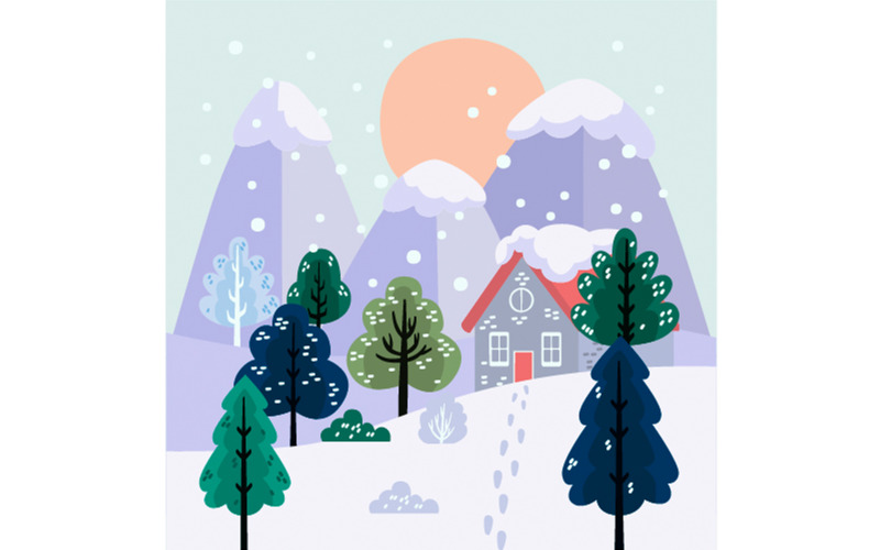 Handritad platt vinterlandskap Illustration