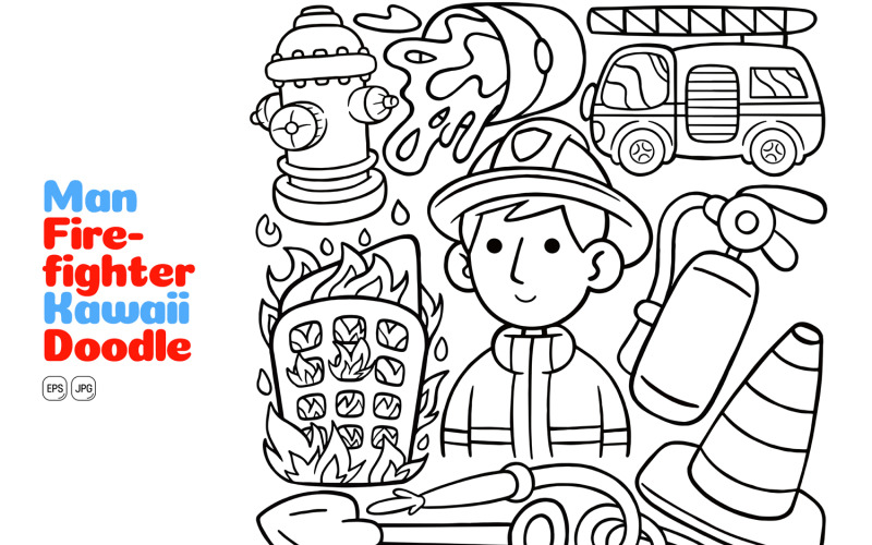 Uomo pompiere Kawaii Doodle Vector Illustration Line Art