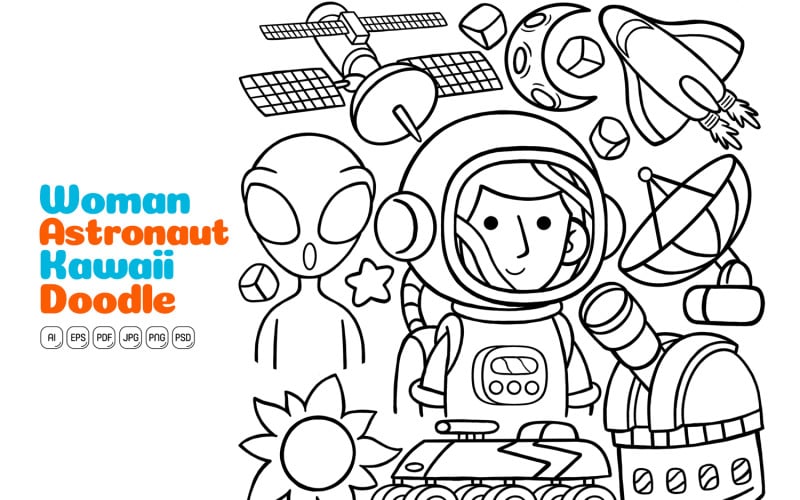 Mulher Astronauta Kawaii Doodle Ilustração Vetorial Arte Linha