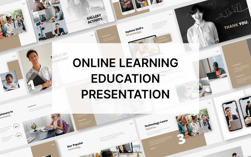 Modelo de apresentação do Google Slides sobre educação e aprendizagem on-line