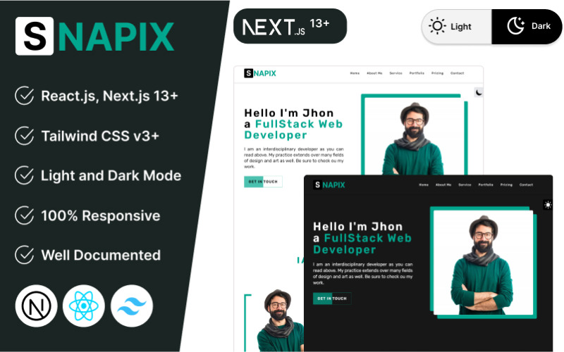 Snapix - Modèle React Nextjs de portefeuille personnel CSS Tailwind moderne
