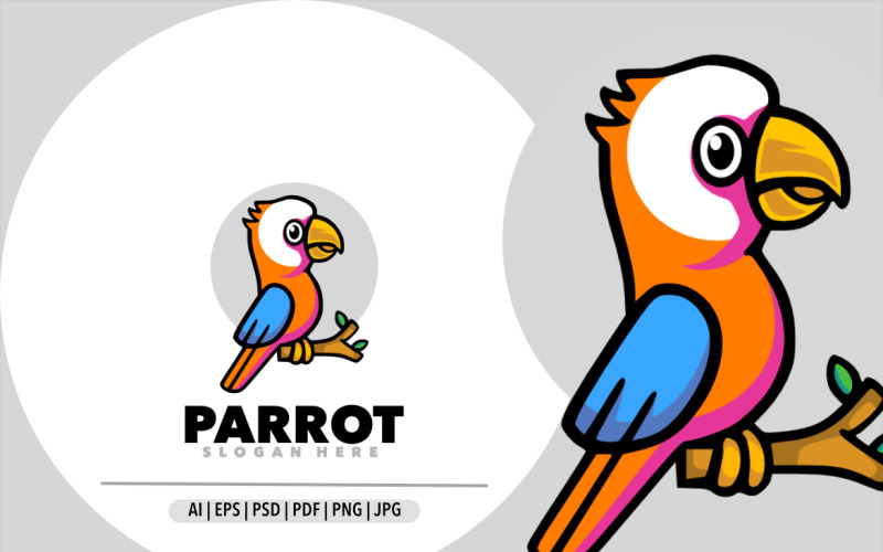 Ilustração de design de logotipo de desenho animado de mascote de papagaio fofo