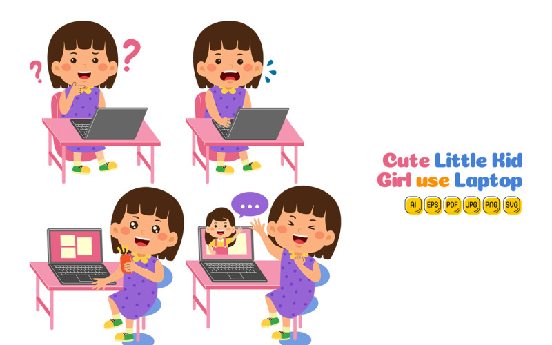 Sevimli Küçük Çocuk Kız Dizüstü Bilgisayar Vektörünü Kullanıyor #02
