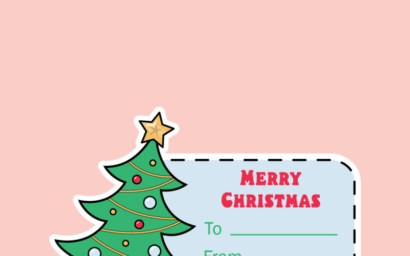 Carte autocollante de Noël en mode couleur CMJN. Sapin de Noël vert avec une étoile jaune