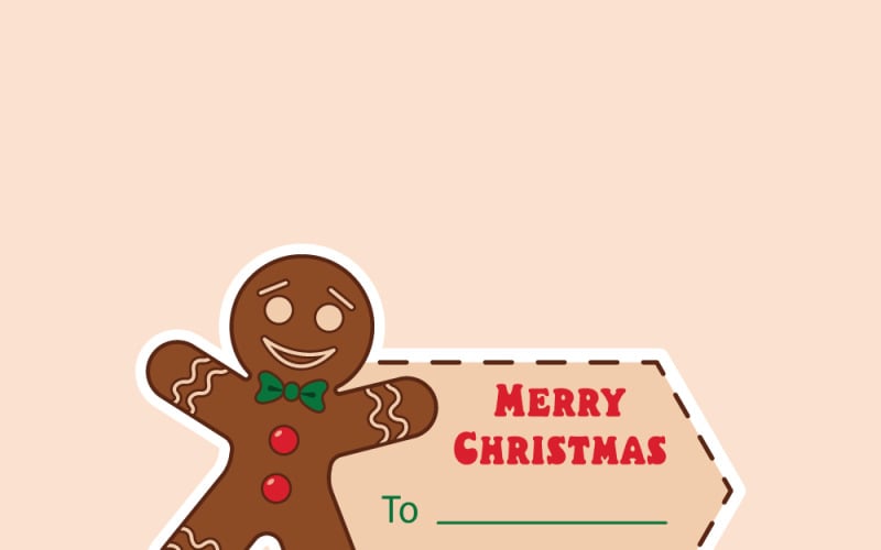 CMYK renk modunda Noel çıkartma kartı. Kırmızı düğmeli ve yeşil papyonlu zencefilli kurabiye adam