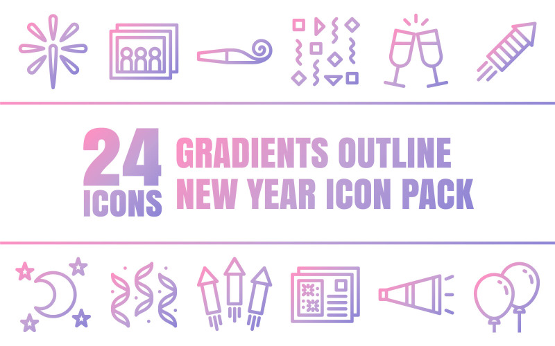 Gradizo - Pack d'icônes polyvalent de bonne année dans un style de contour dégradé