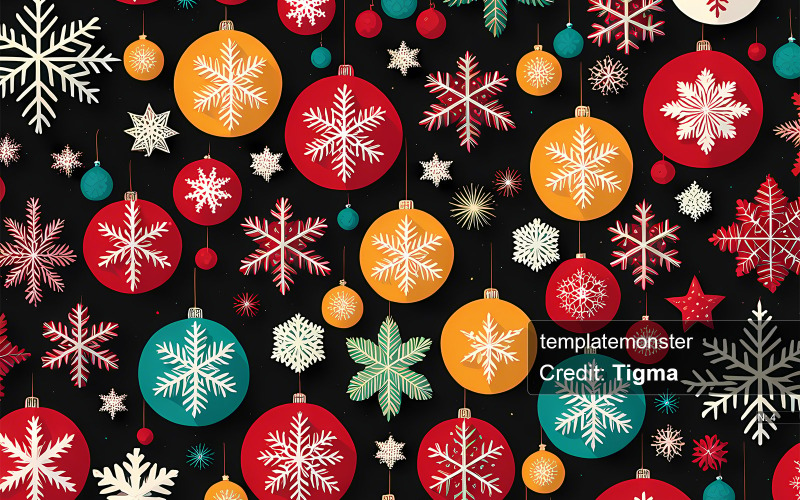 Motivo natalizio vivace e accattivante con ornamenti e fiocchi di neve su sfondo nero