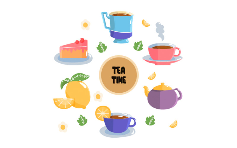 Çay Saati Çay Fincanı Öğeleri İllüstrasyon