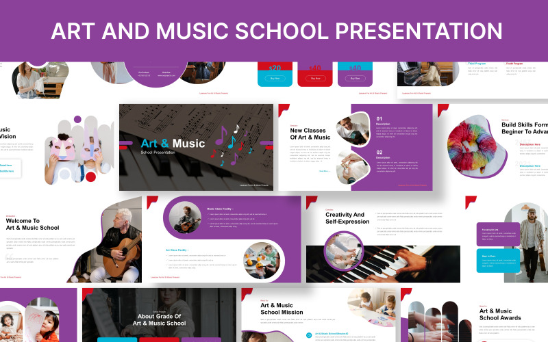 Modelo de apresentação de slides do Google para escola de arte e música