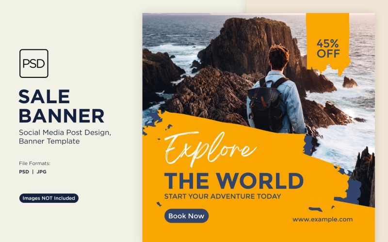 Esplora il design del banner di vendita di viaggi e avventure nel mondo Modello 1
