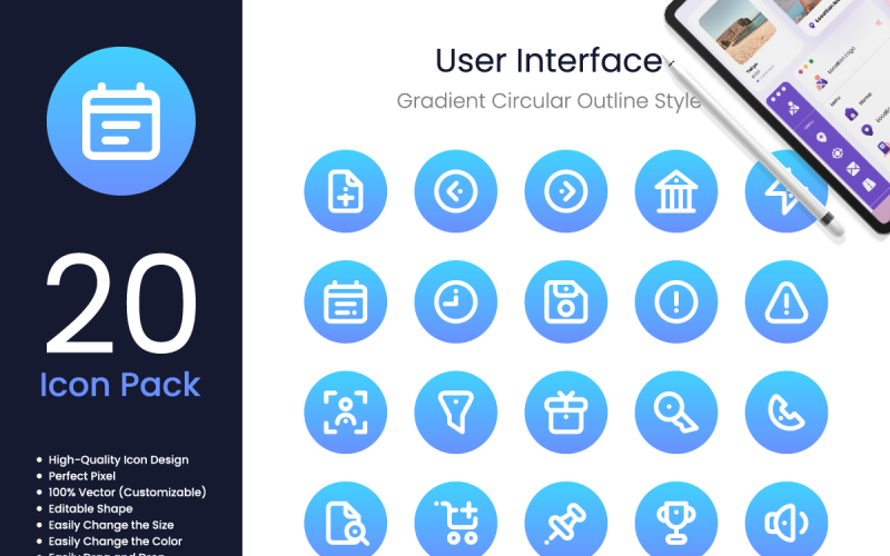 Style de contour circulaire dégradé de pack d'icônes d'interface utilisateur