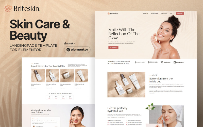 Briteskin — бесплатный шаблон целевой страницы по уходу за кожей и красотой для Elementor Pro