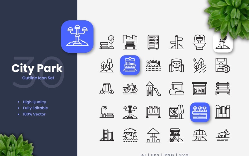 Zestaw 30 ikon konturu parku miejskiego