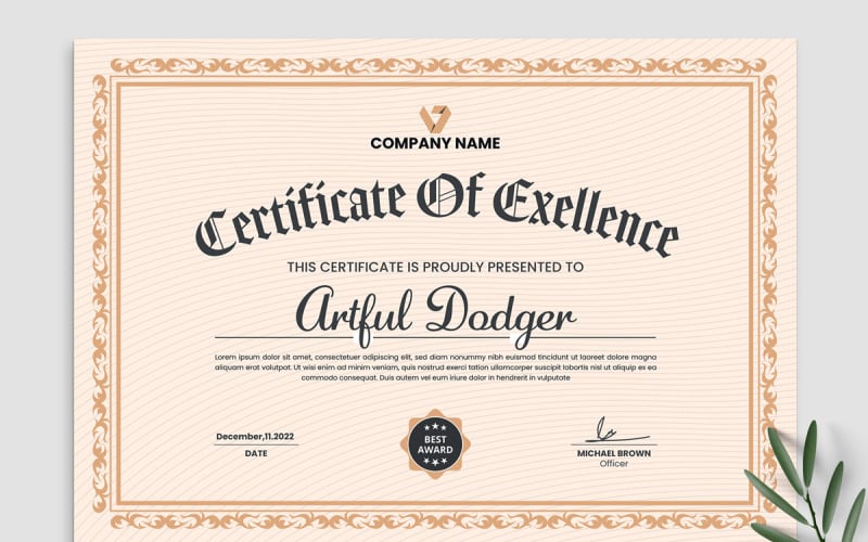 Excellence Certificate Template Layout
