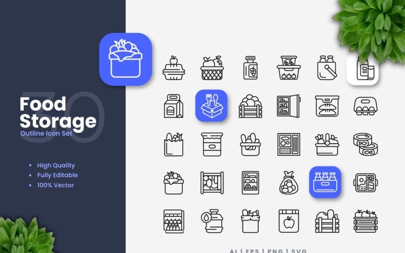30 Voedselopslag overzicht Icons Set