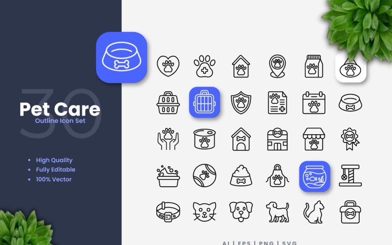 30 Pet Care Outline Icons Set