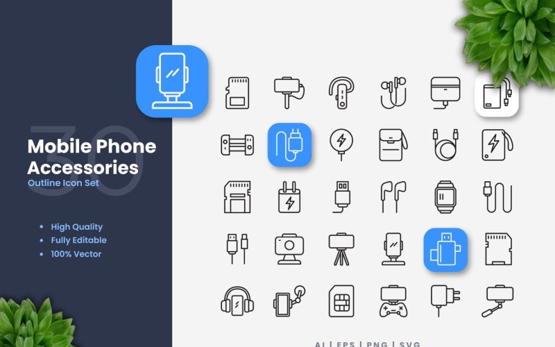 30, accessoires téléphone, contour, icônes, ensemble