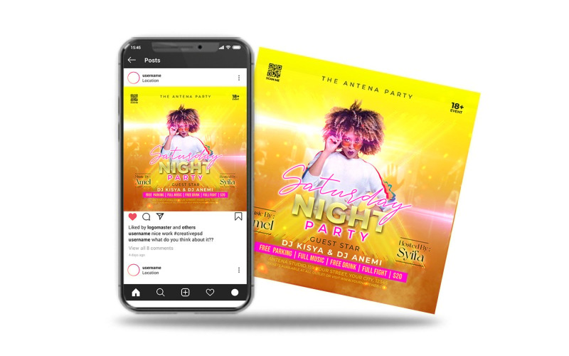 Club-DJ-Nachtparty Samstagabend Social-Media-Beitrag und Flyer-Vorlage