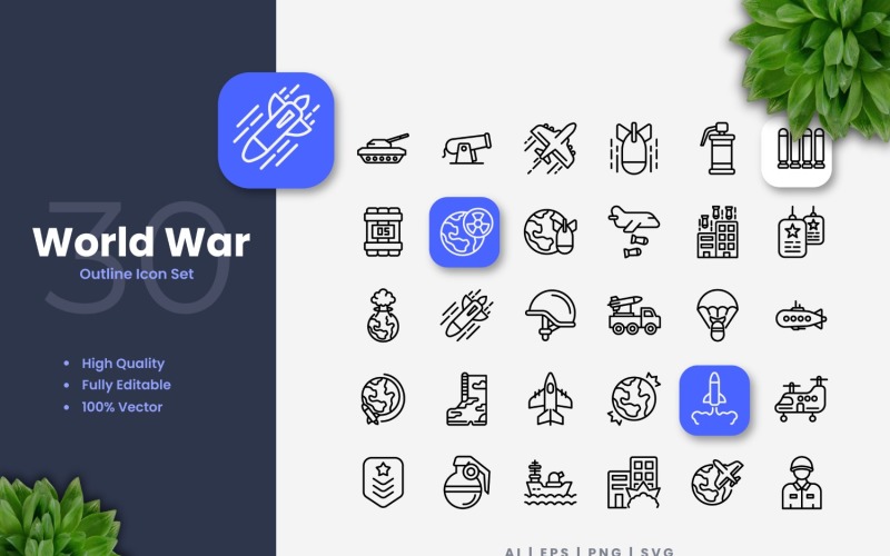 Ensemble d'icônes de 30 contours de la guerre mondiale