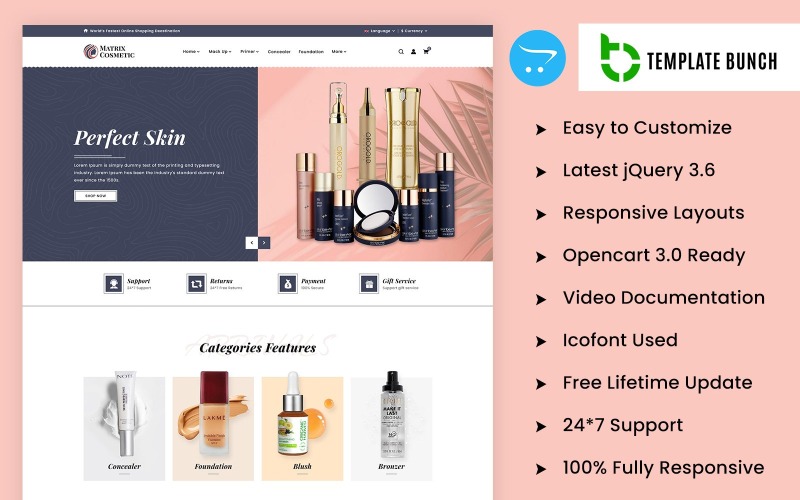 用于电子商务网站设计的 Matrix Cosmetic OpenCart 主题和网站模板