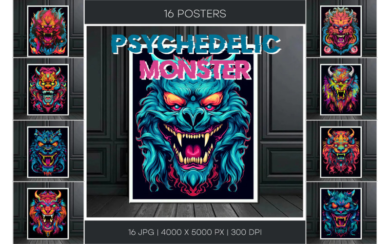 Psychedelisches Grinsenmonster. 16 Poster.