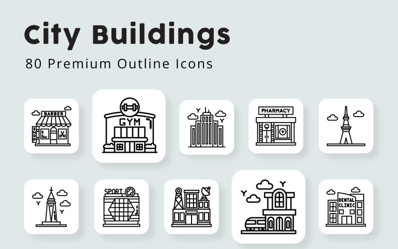 Городские здания: 80 контурных иконок премиум-класса