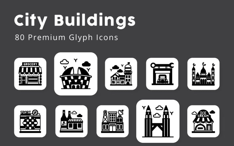 Městské budovy 80 prémiových ikon glyfů