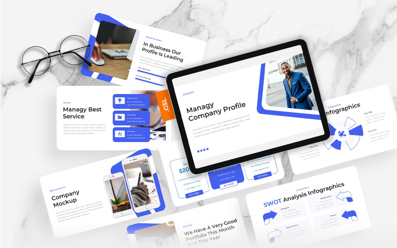 Managy – Vállalati profil Google Diák sablon