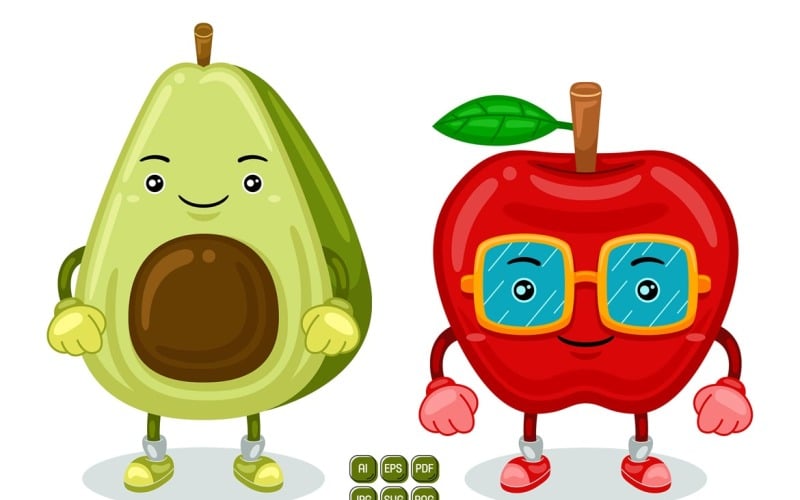 Apfel- und Avocado-Maskottchen-Charakter-Vektor