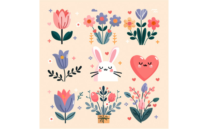 Lentebloem met konijntje en hart illustratie