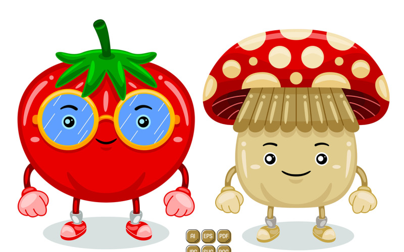 Vetor de personagem mascote de cogumelo e tomate