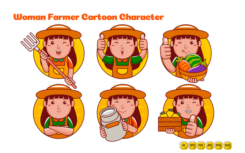 Bäuerin-Cartoon-Charakter-Logo-Paket