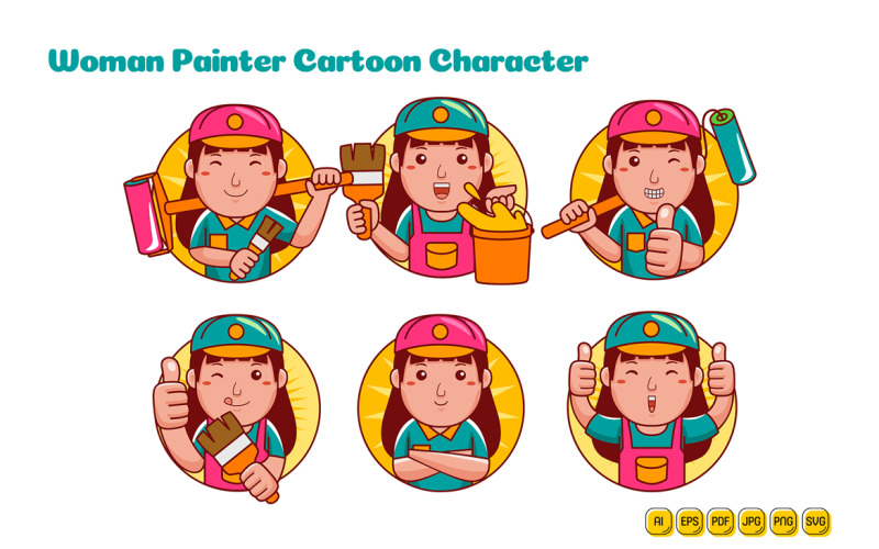 Maler-Frau-Cartoon-Charakter-Logo-Paket