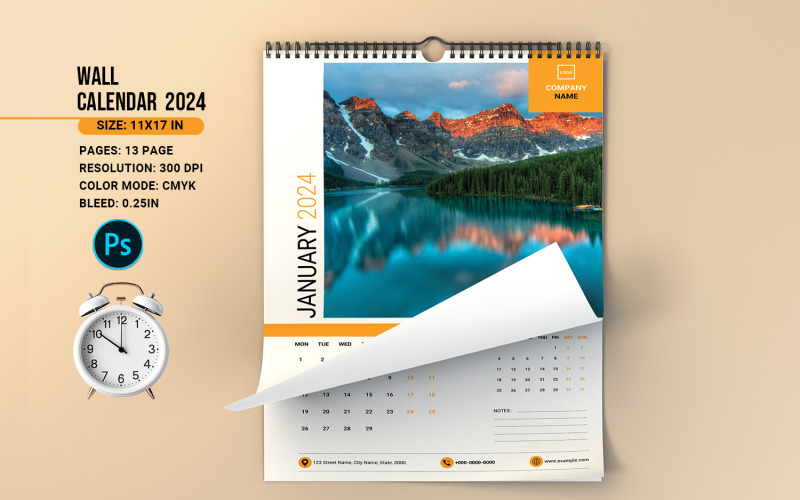 Wall Calendar 2024. Adobe Photoshop Template