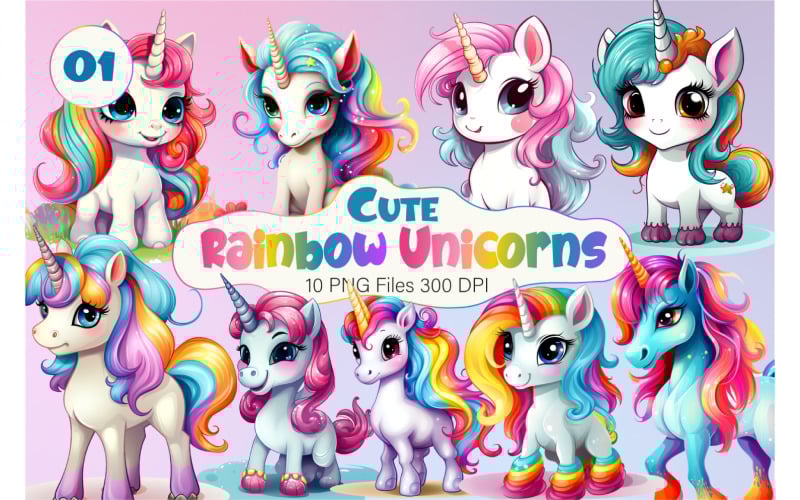 Cute rainbow unicorns 01. PNG Bundle.