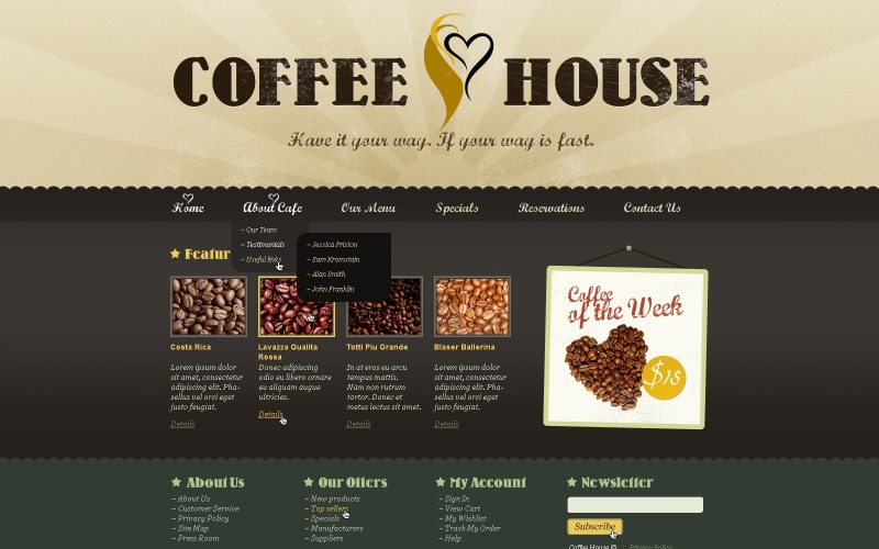 Plantilla de sitio web de cafetería