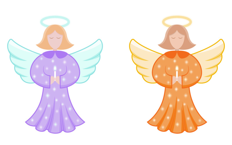 Angeli di Natale vettoriali nei colori viola e arancioni, con stelle luminose e una candela