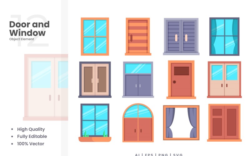 Conjunto de elementos vectoriales de puertas y ventanas