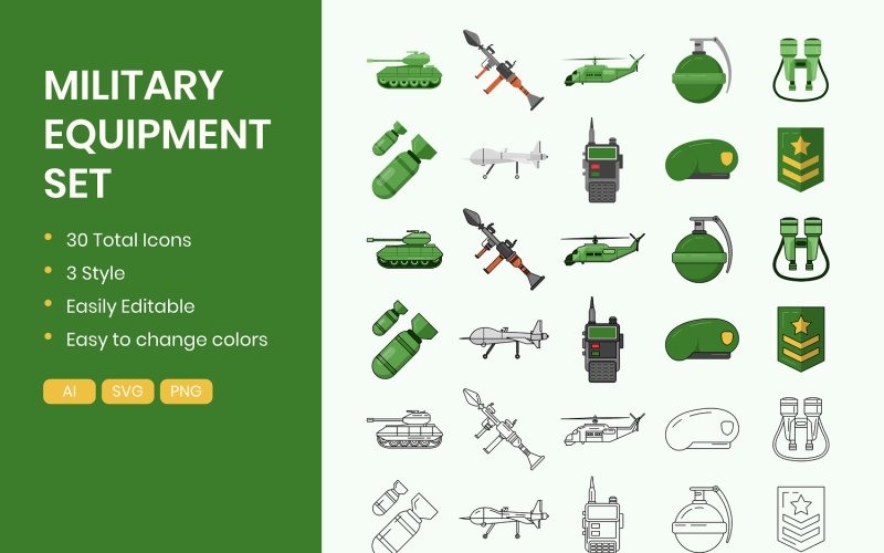 Militär utrustning ikoner Set